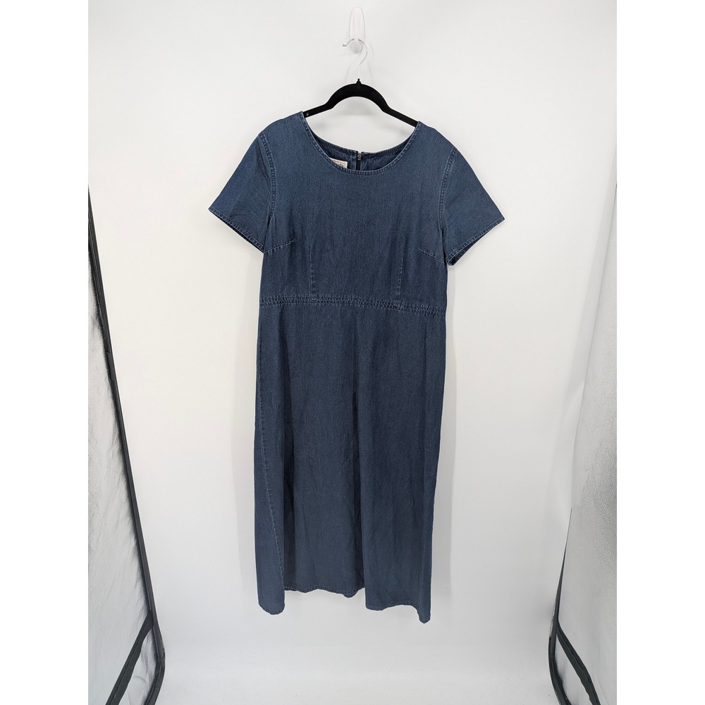 Talbots Denim Maxi Dress Women 12P Petite Blue Short Sleeve Cotton Minimalist